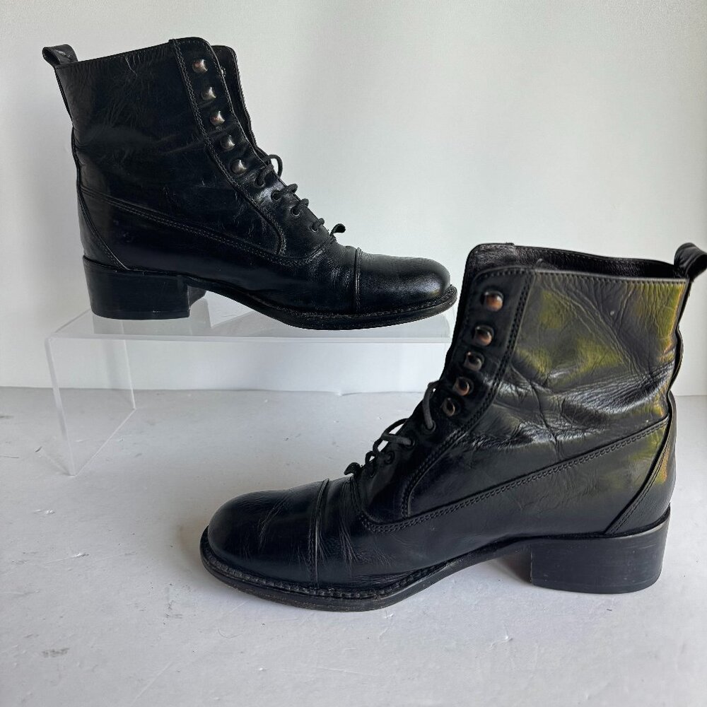 Clif Women Italy Black Leather Ankle Cap Toe Boots 36/5.5-6 Narrow Lace Up 1.5"